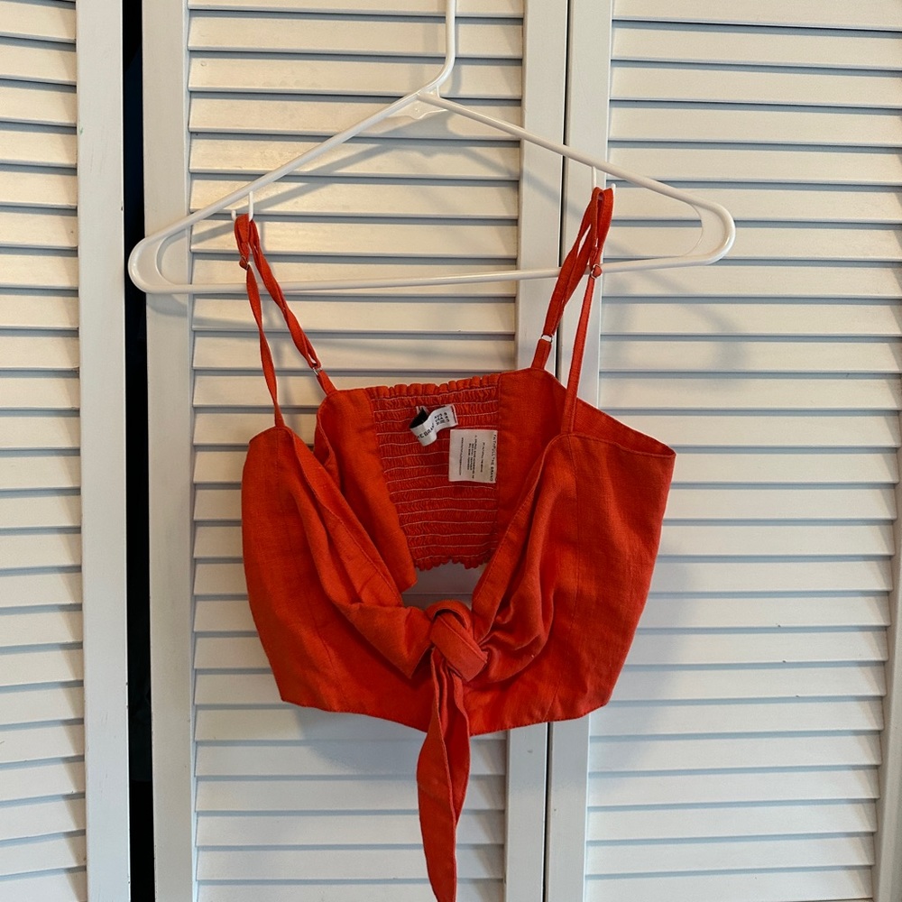 Faithfull The Brand Red-Orange Tie Linen Crop Top S